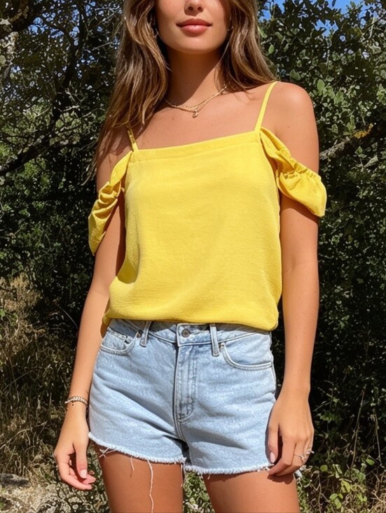 RW&CO. Tops - RW&CO Yellow Cold Shoulder Blouse XS Sleeveless Ruffle Strap Top NWT